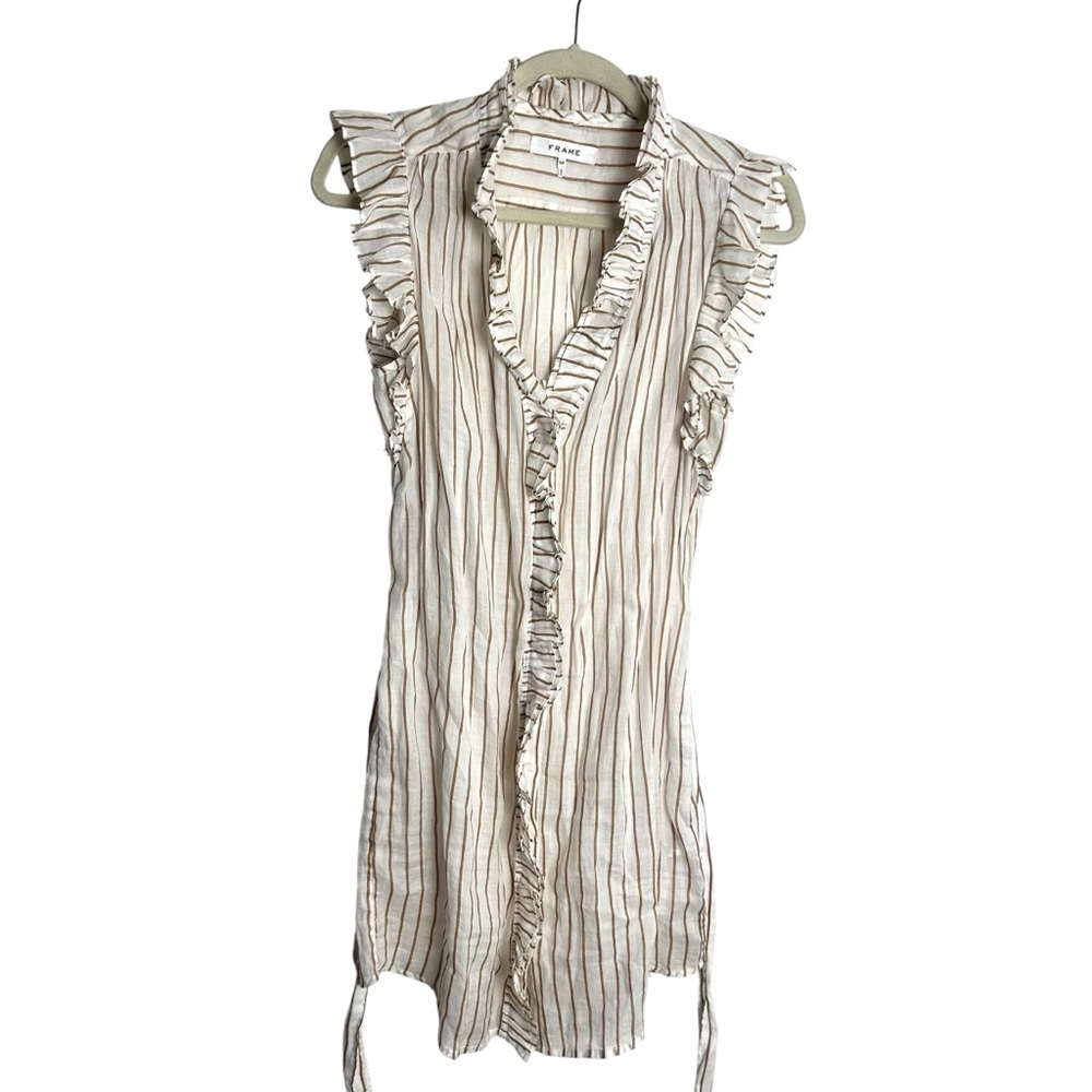 FRAME Lauren Striped Ruffle Shirt Dress in Café Multi Size S EC W/O Slip - Picture 4 of 9